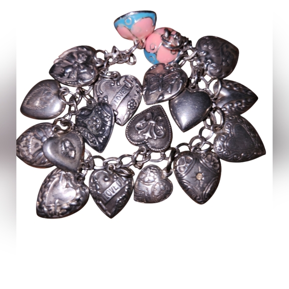 SOLD🔥💕Antique Victorian Sterling Silver 16 Puffy Heart Charm Bracelet Enamel - Picture 6 of 17